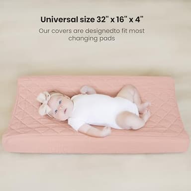 Konssy Waterproof Muslin Changing Pad Cover 2 Pack, Quilted Cotton Fitted Diaper Chang Table Cover, Soft Changing Pad Sheets for Girls Boys (Blossom,Pink) - Image 4