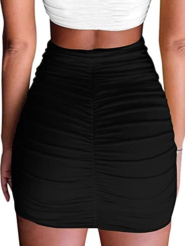 eoeoo Women's Stretch High Waist Ruched Bodycon Double Layer Casual Mini Skirt Black Medium - Image 4