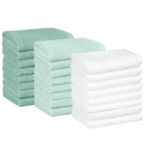 Amazon Basics Cotton Washcloths for Bathroom, Fast Drying, Extra Absorbent, 12 x 12 in, Seafoam Green, Ice Blue, White, 24-Pack - Image 1