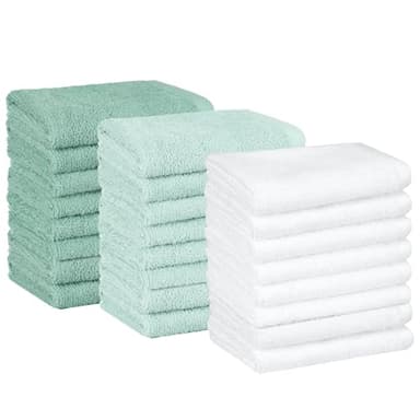 Amazon Basics Cotton Washcloths for Bathroom, Fast Drying, Extra Absorbent, 12 x 12 in, Seafoam Green, Ice Blue, White, 24-Pack - Image 1