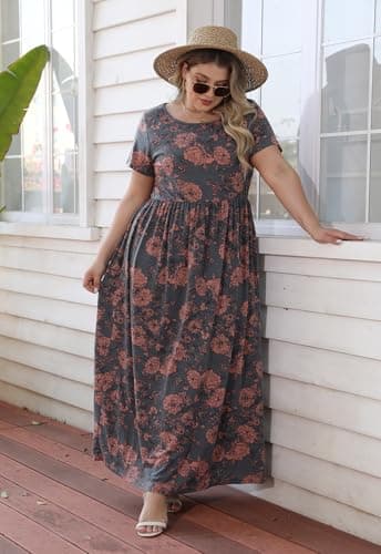Nemidor Women Short Sleeve Loose Plain Casual Plus Size Long Maxi Dress with Pockets (20,179+Pink Print) - Image 6