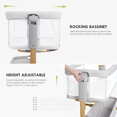 Baby Bassinet Bedside Sleeper, 3-in-1 Rocking Bassinet for Baby with 6-Level Height Adjustable, 4 Wheels & Breathable Mesh Walls, Portable Bedside Bassinet with Mattress for Newborn - Image 3