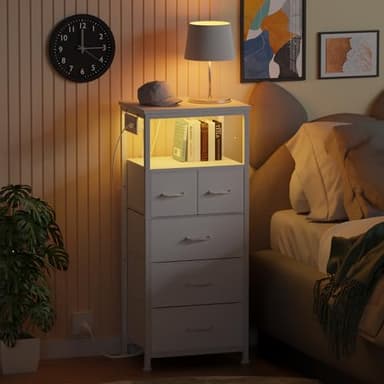 Furnulem Dresser for Bedroom, Tall Nightstand, Vertical Chest with Wood Top, Charging Station, LED Lights, 5 Fabric Bins, Bedside Table with Shelf, Furniture for Entryway (5 Drawer, White) - Image 2
