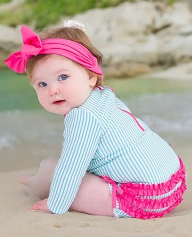 RuffleButts Bright Aqua Seersucker Long Sleeve One Piece Rash Guard - 3-6m - Image 7