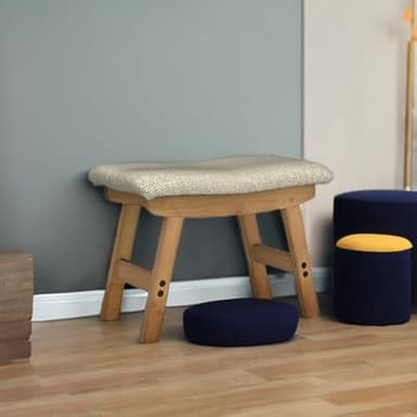 Foot Stool Ottoman Foot Rest Under Desk,Small Stool for Living Room, Bedroom and Kitchen (Brown Legs - Beige Stool Surface) - Image 5