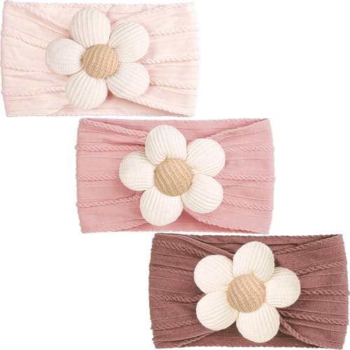 CÉLLOT Baby Flower Headbands Baby Girls Nylon Headbands Baby Essentials Stretchy Hairbands Handmade Hair Accessories for Newborn Infant Toddlers Kids (Pink,Cameo,Salmon) - Image 1