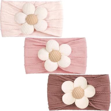CÉLLOT Baby Flower Headbands Baby Girls Nylon Headbands Baby Essentials Stretchy Hairbands Handmade Hair Accessories for Newborn Infant Toddlers Kids (Pink,Cameo,Salmon) - Image 1