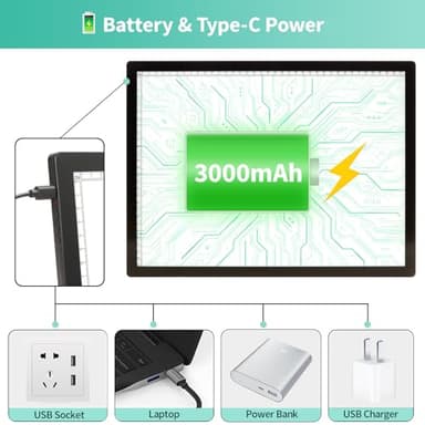 A3 Light Pad with Carry Bag - Battery Powered Diamond Painting Light Board, 3 Colours 6 Levels Brightness Tracing Light Box, Portable Rechargeable LED Light Pad for Weeding Vinyl Drawing - Image 2