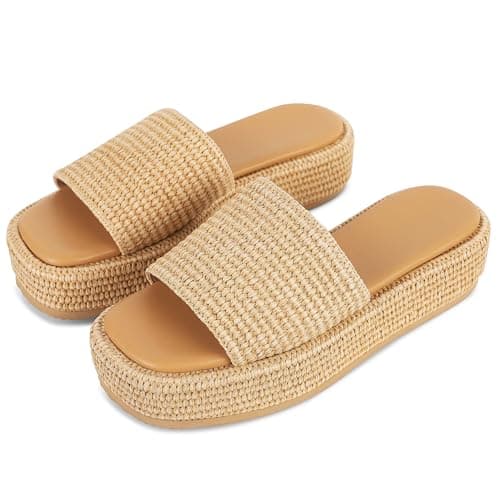 EQAUDES Wedge Platform Sandals for Women Outdoor Espadrille Cute Brown Beach Straw Raffia Sandal Comfortable Brown Sandals Vacation for Women Size 7 - Image 1