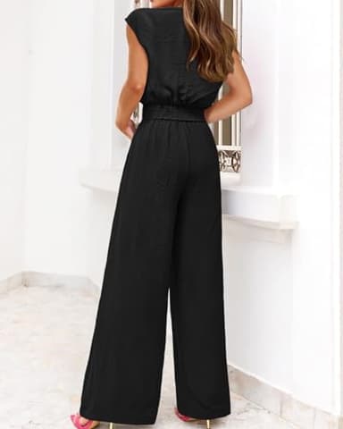 PRETTYGARDEN Women's Summer 2 Piece Outfits 2025 Cap Sleeve V Neck Belted Crop Tops Wide Leg Pant Sets Casual Tracksuit(Solid Black,Large) - Image 5