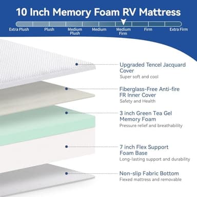 Short Queen RV Mattress Memory Foam 10 Inch, Updated Cooling Green Tea/Gel Mattresses for Camper/Truck/Trailer, Medium Firm-Mattress with Fiberglass-Free Cover, CertiPUR-US, Made in USA, 75'' x 60'' - Image 3