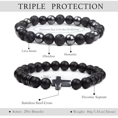 GDLKPYHS Black Obsidian Bracelets for Men - Cross Bracelet - Tourmaline Beaded Bracelets, 8MM Black Onyx Hematite Lava Stone Beads Triple Protection Bracelet for Men Women Gifts - Image 2
