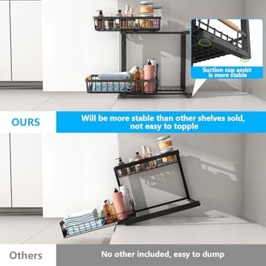 Merrylun Under Sink Organizers for Kitchen,5 Adjustable Height，Metal Pull Out and Storage Shelves with Sliding Drawer, Bathroom, Black, 2 Pack（Hight 13.6″-16.9″） - Image 2