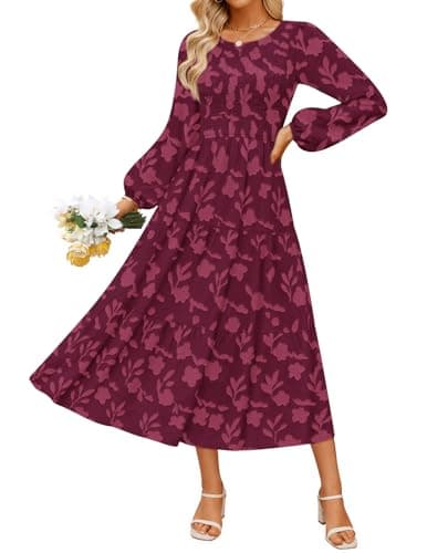 ZESICA Women's Fall Boho Floral Midi Dress 2025 Casual Long Sleeve Crewneck Flowy Wedding Guest Long Dresses,Wine,Medium - Image 1