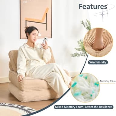 Afuson Folding Chair Bed, Futon Sofa Bed, Floor Couch for Adults Chair Bed for Living Room, Lounge Sofa, Convertible Sofa Bed, Small Couches for Small Spaces, Camel - Image 6