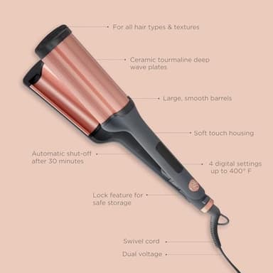 Hairitage 3 Barrel Curling Iron for Beach Waves and Curls - Ceramic Tourmaline Crimping Iron - Hair Waver for Mermaid Waves - Pink Barrel Curling Iron - Reduce Frizz + Increase Shine - All Hair Types - Image 4