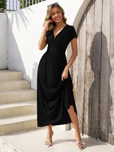 Gracyoga Women's 2025 Trendy Fall Dress Elegant Wrap Dresses for Women Curvy Smocked Vintage A Line Sundresses Vacation Outfit XL Black - Image 4