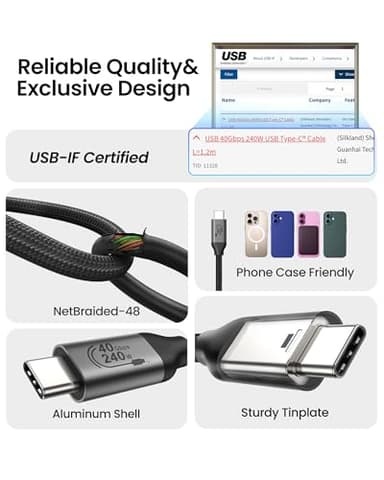 Silkland USB 4 Cable for Thunderbolt 4 Cable 4FT, 40Gbps Data Sync, 8K/6K@60Hz, 240W Charging, [USB-IF Certified] USB C to USB C Thunderbolt Cable, Compatible for MacBook, SSD, Docking, iPhone 16,eGPU - Image 5