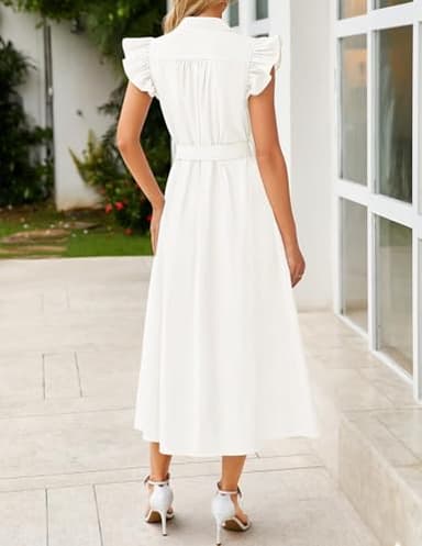 ZESICA Women's 2025 Summer Boho Button Midi Dresses Casual V Neck Flutter Sleeve Belted Long Dresses with Pockets,White,Large - Image 3