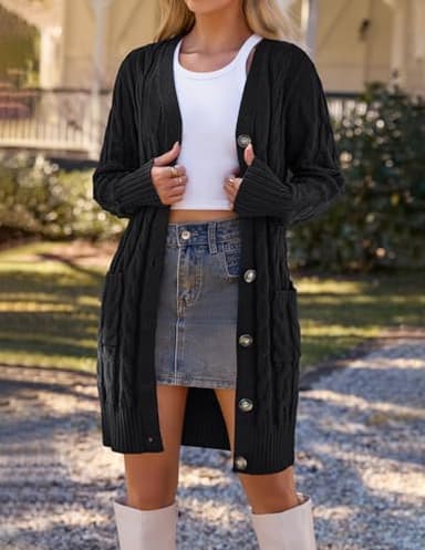 MEROKEETY Women's 2025 Long Sleeve Cardigan Sweater Fall Winter Cable Knit Open Front Button Long Outerwear, Black, XL - Image 4