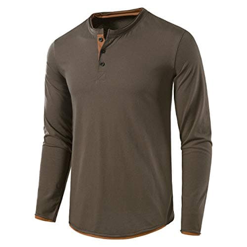VANCOOG Men's Classic Comfort Soft Slim Fit Long Sleeve Henley T-Shirt Polo Shirts-Dark Army Green-M - Image 1