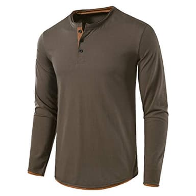 VANCOOG Men's Classic Comfort Soft Slim Fit Long Sleeve Henley T-Shirt Polo Shirts-Dark Army Green-M - Image 1
