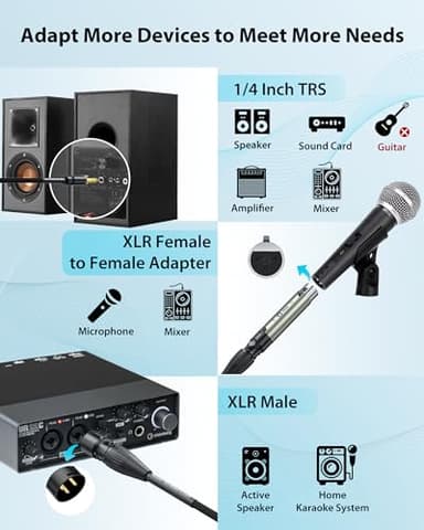AA AUDIO ACCESSORY XLR Male to 1/4 Cable with XLR Female to Female Adapter Bundle, Rean Connectors from Neutrik, Kevlar-Reinforced Nylon Braided TRS Cable, Balanced Quarter Inch Cord, 6ft, OFC - Image 3