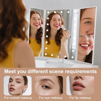 deweisn Floor Mount Tri-Fold Lighted Vanity Mirror with 21 LED Lights, Touch Screen and 3X/2X/1X Magnification, Two Power Supply Modes Make Up Mirror,Travel Mirror - Image 6