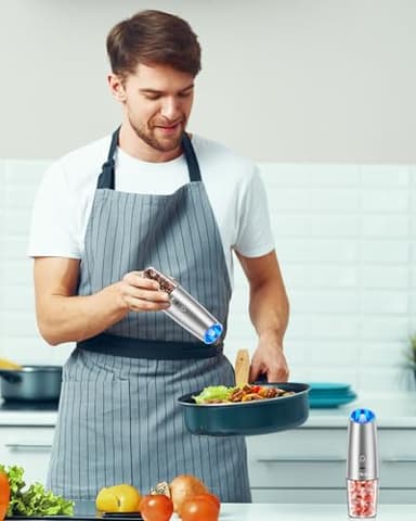 XinXu RECHARGEABLE Salt and Pepper Grinder Set,Automatic Pepper Mill,USB Rechargeable,Adjustable Coarseness,One-handed Operation,Ceramic Burr,Refillable,Auto Grinders Shakers LED Light,Sliver - Image 8