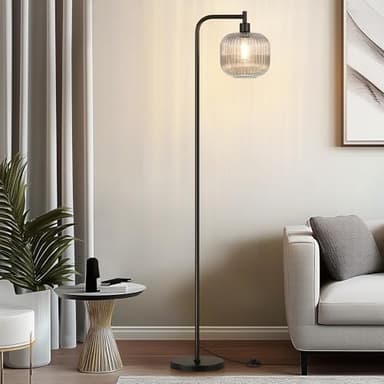 QiMH Glass Floor Lamp for Living Room, Modern Standing Lamp with Ribbed Grey Glass Lampshade Pedal Switch, 67” Tall Lamp for Bedroom Study Room, Black (2700K LED Bulb Included) - Image 2