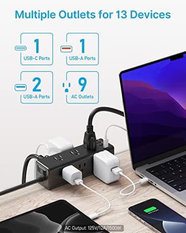 CCCEI Desk Clamp Power Strip with 9 Outlets, Desktop Edge Mount Surge Protector with USB-A and USB-C Ports, Widely Spaced Desk Outlet Fast Charging Station, 6 FT Flat Plug, Fit 1.6 inch Table. - Image 2