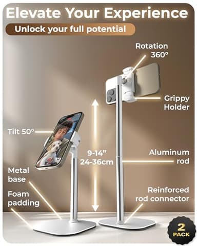 COOPER ChatStand - Height Adjustable Cell Phone Stand for Desk | Rotating, Tilting, 9-14" Telescoping Eye-Level View Cell Phone Holder for Desk (Frost White, 2-Pack) - Image 6