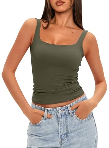 Darong Women Double Lined Square Neck Tank Top Basic Cami Shirt Built in Bra 9208 Army Green L - Image 4