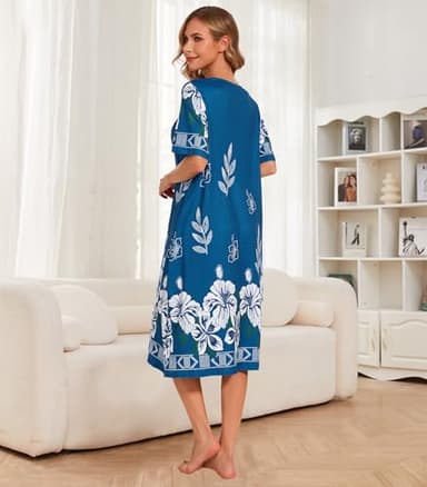 House Dresses for Women Short Sleeve with Pockets Floral Print Mumu Nightgown Lounge Dress - Image 2