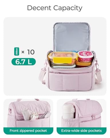 BAGSMART Insulated Lunch Bags for Women, Cute Quilted Lunch Box, Lightweight Puffy Padded Waterproof Lunch Tote, Reusable Lunch Cooler for Work Picnic Travel, Pink - Image 3