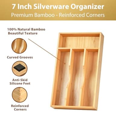 Umilife Bamboo Kitchen Drawer Organizer, 7 Inch Silverware Utensils Tray Holder for Small Drawer, Wood Caddy for Flatware Cutlery Knives - Image 2