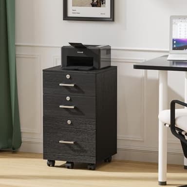 VINGLI 3-Drawer File Cabinet with Lock, Wood Rolling Filing Cabinets for Home Office, Mobile Printer Stand, Under Desk File Organizer for Letter Sized Files, 26" H(Caster Included), Black - Image 7