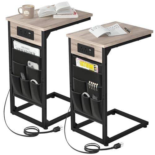 AMHANCIBLE C Shaped End Table with Charging Station, TV Tray Set of 2, Couch Tables with Storage Bag, Slide Under Sofa Side Table with USB Ports and Outlets for Living Room, Grey HET04CGY - Image 1