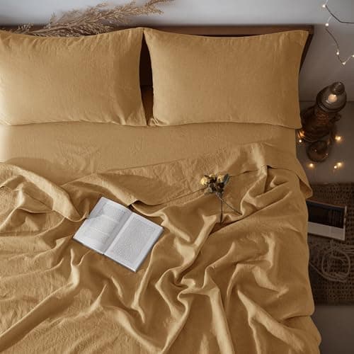 LBRO2M 100% Linen Sheet Set Queen Size,Bed Sheets 4 Piece Sets,Solid Color Natural Flax Bed Sheets Soft Breathable Bedding,16" Deep Pocket,All Season (Queen, Rust) - Image 1