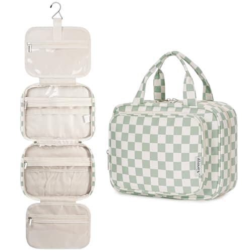 Narwey Hanging Toiletry Bag for Women Travel Checkered Makeup Bag Organizer Toiletries Bag for Travel Size Essentials Accessories Cosmetics (Mint Green Checkerboard (Medium)) - Image 1