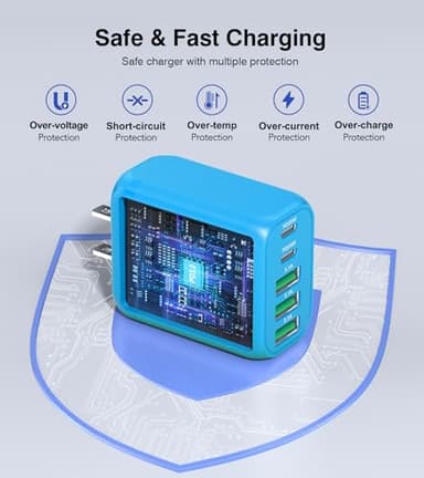 2-Pack USB C Wall Charger Block,50W 5-Port C Charger Fast Charging Block PD Power Adapter +QC 3.0 Multiport Type C Box Charger Cube USB A Wall Plug for iPhone 16/15/14/13 Pro Max,Samsung Galaxy(Blue) - Image 3