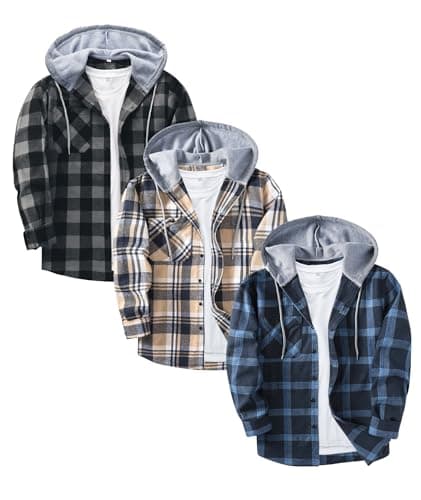 ZITY 3 Pack Men's Flannel Hoodie Shirts Long Sleeve Casual Vintage Button Down Plaid Shirt Jacket with Pocket Deepbluebeige Navy White XX-Large - Image 1