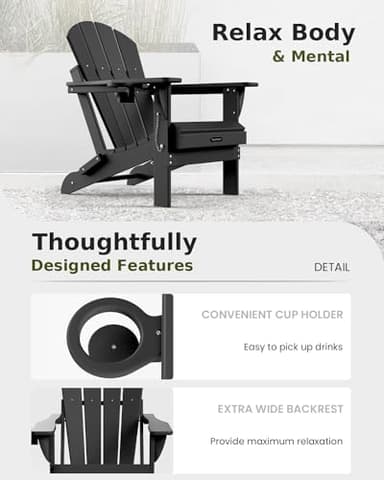 MUCHENGHY Folding Adirondack Chairs Patio Chairs Outdoor Adirondack Chair Weather Resistant Chair for Patio, Outside, Deck, Backyard, Fire Pit Chair, Campfire Chairs (Black) - Image 9