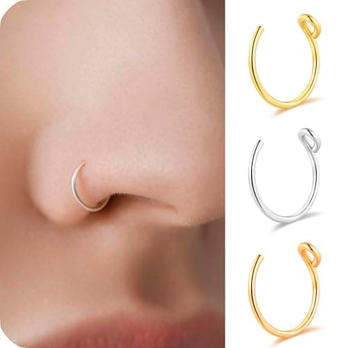 Set of 3 - Fake Clip On Nose Ring Hoop for Women - No Piercing Needed Nose Cuff - 22 Gauge - 7mm - Faux Nose Septum Ring - Gold, Sterling Silver, Rose Gold - 22g - Image 1