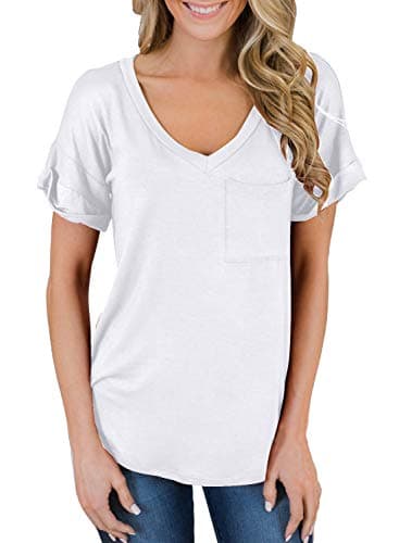 MIHOLL Women's Short Sleeve V-Neck Shirts Loose Casual Tee T-Shirt (White, Large) - Image 3