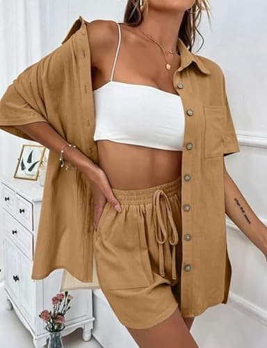 APAFES Women Summer Cotton Linen Short Sets 2 Piece Shorts Top Lounge Beach Vacation Two Piece Outfits Tracksuits(Khaki-XL) - Image 3
