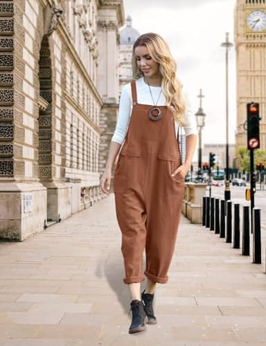 YESNO Women Long Casual Loose Bib Pants Overalls Baggy Rompers Jumpsuits with Pockets PV9 (L PV9 Coffee) - Image 3