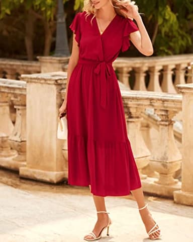 BTFBM Women Summer Bohemian Floral Casual Wrap V Neck Ruffle Cap Sleeveless Belt A-Line Pleated Hem Swing Midi Sun Dress (Solid Red, X-Large) - Image 6