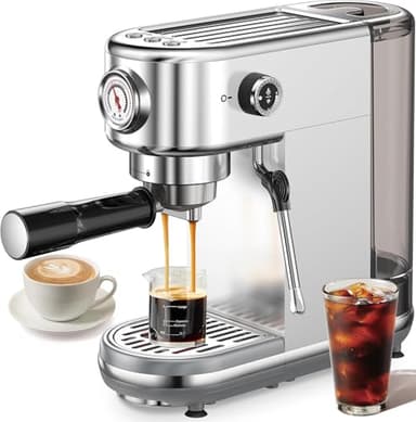 Espresso Machine with Milk Frother, 20 Bar High Pressure Professional Espresso Maker Automatic, Compact Stainless Steel Coffee Machine for Cappuccino, Latte, Gift for Coffee Lover, Dad or Mom, Silver - Image 1