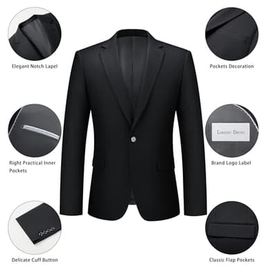 LORENZO BRUNO Mens Suit 2 Piece Black Suits for Men One Button Slim Fit Solid Jacket & Pants Tuxedo Set Business Wedding Party, Black, XL - Image 4
